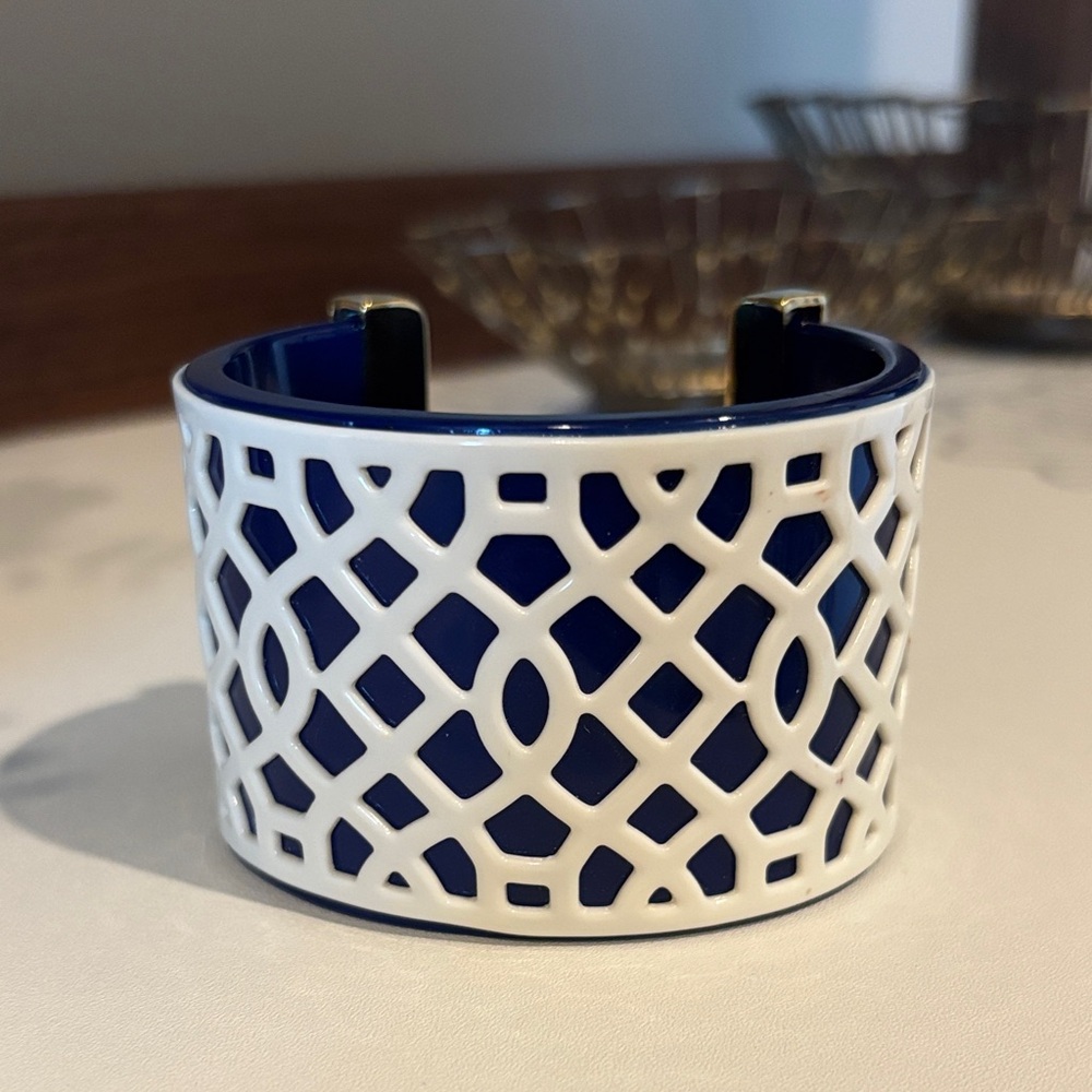 Tory Burch Chantal Latticework Statement Cuff Bracelet, Navy/White/Gold-plated!